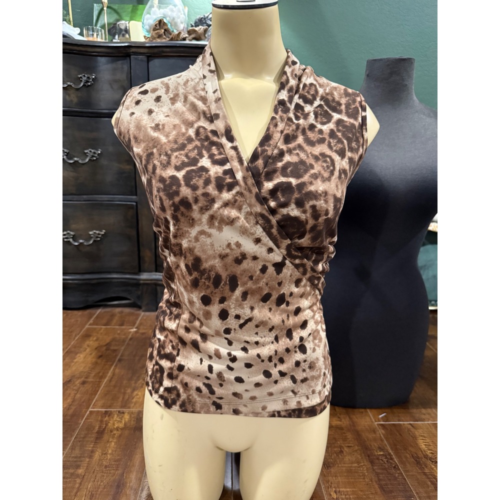 New York & Company Leopard Print Wrap Blouse Sleeveless V-Neck Brown Tan XL